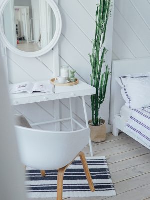 Scandinavian modern interior, white table and mirror in bed room, minimalism, cactus, house, cottage